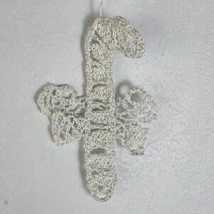 Vintage Crochet Candy Cane Ornament Hand Made White Thread Sparkly Christmas